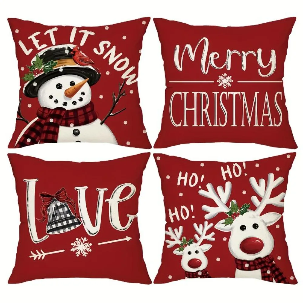 4PCS Set Merry Christmas Throw Pillow Covers Reindeer Snowman Plaid Pattern Winter Holiday Home Decor Cushion Cases No Inserts