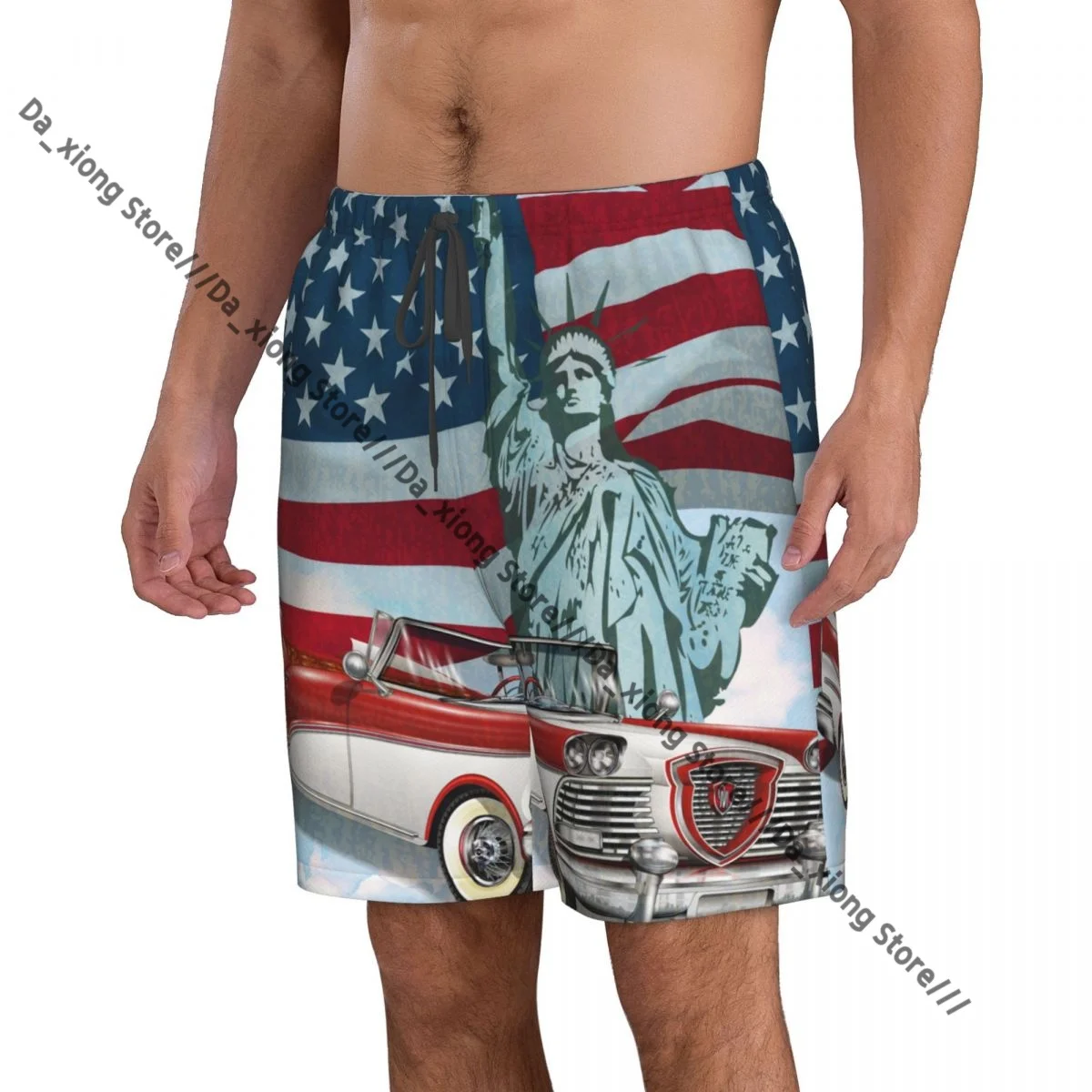 Mens Swimming Shorts Swimwear Waving USA Flag And Retro Car Trunks Swimsuit Beach Wear Boardshorts