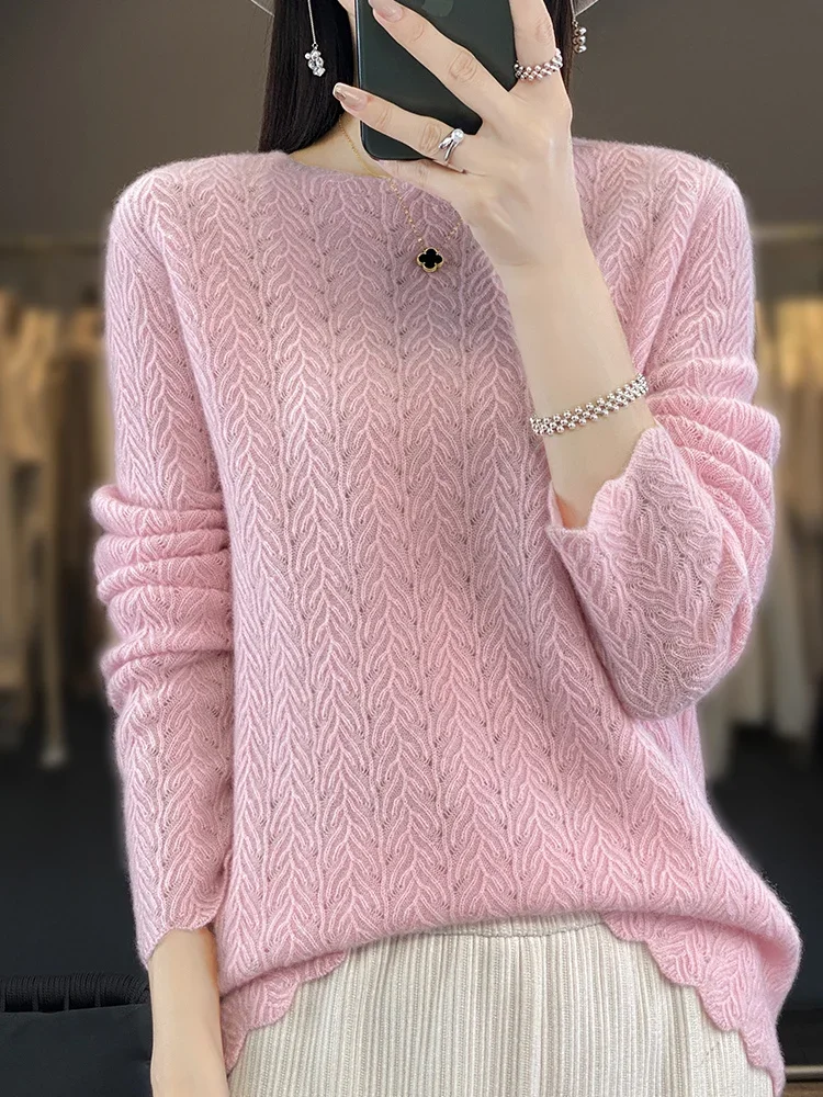 

Women's Sweater O-Neck Pullover 100% Australian Wool Jumper Seamless ReadyToWear Hollow Out New in Knitwear Lady Clothes A468