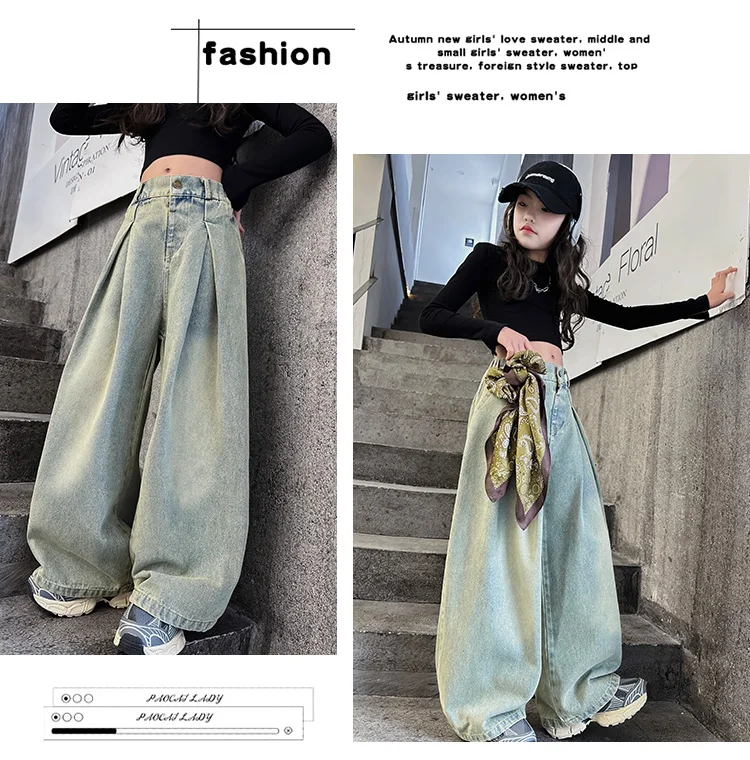 5-14 Jahre Mädchen-Jeans Frühling Herbst Junior Kinder Vintage Street-Style Weite Bein Denim-Hose Koreanische Teenager Streetwear Hose – Detail 5