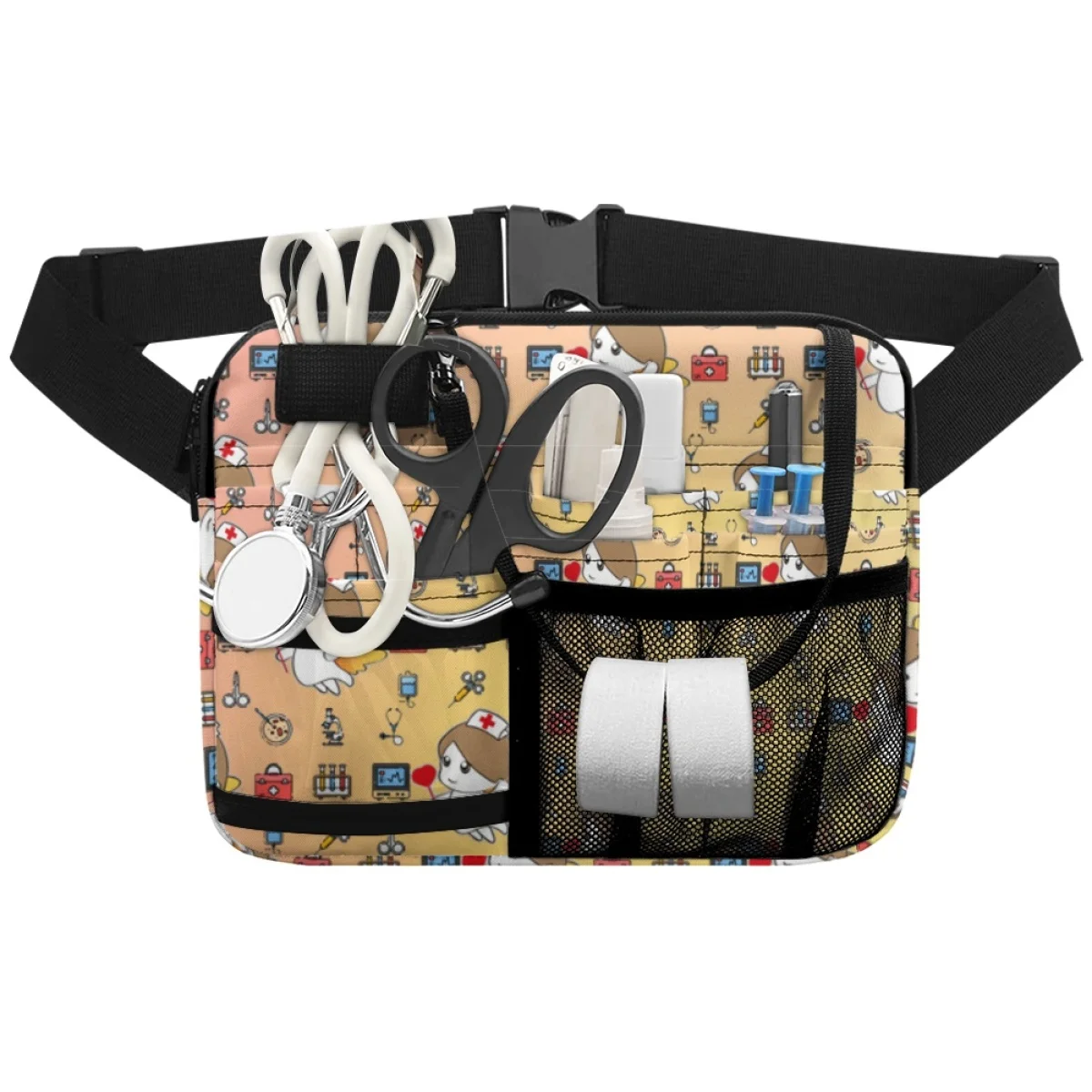 Cute Nurse Angel Wings Print Operating Room Satchel Storage Medical Tools Waistpack Multi Pockets Zippers Mulit Crossbody Bag