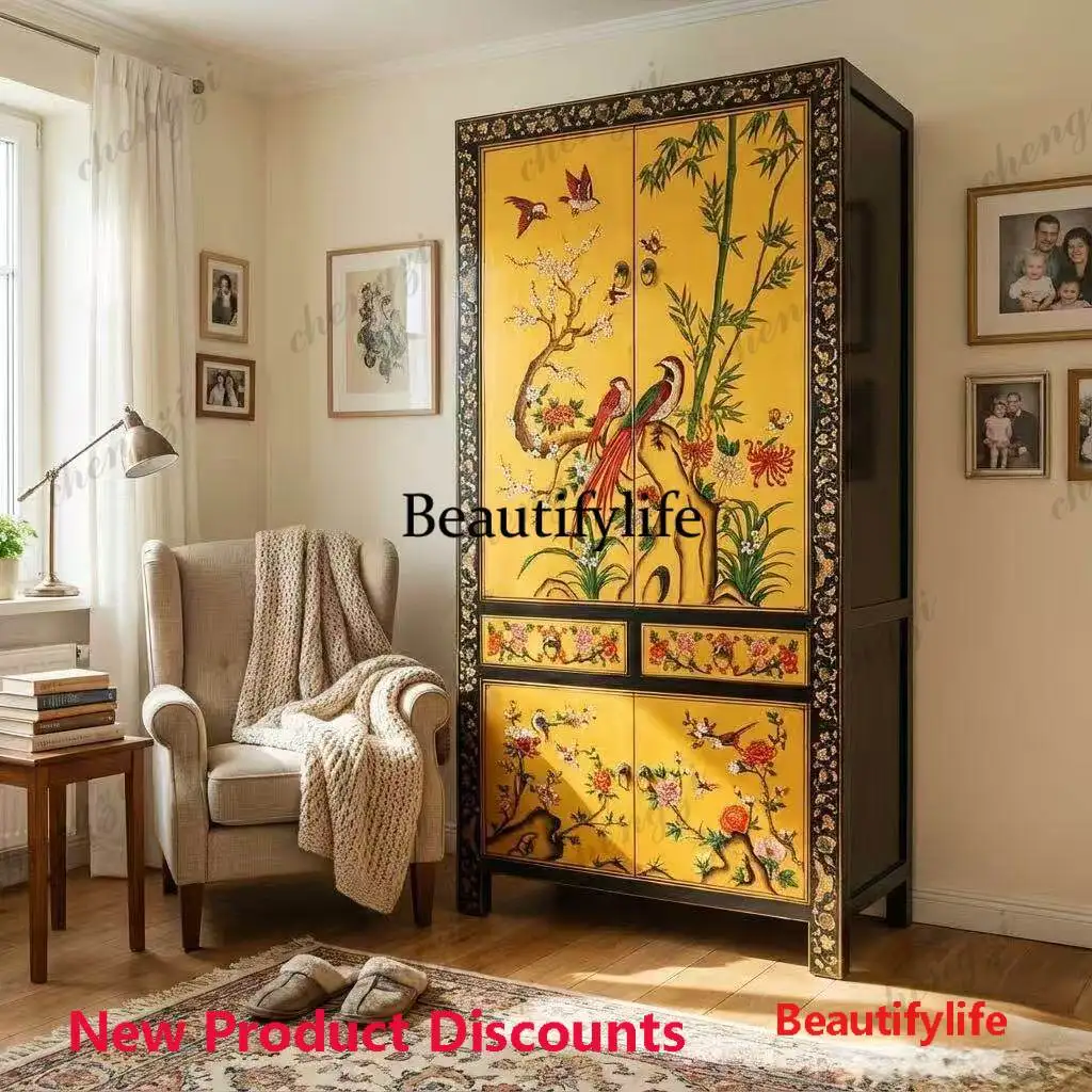 M45 New Chinese solid wood gold-painted large cabinet four-door wardrobe classical traditional gold foil hand-painted bedroom