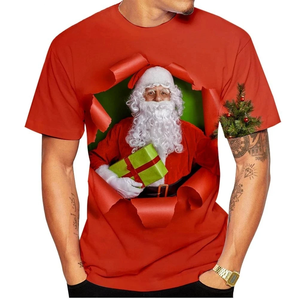 Carnival Party Hip Hop Men\'s Christmas Elf Santa Claus Printed T-shirt Fashion Trend Round Neck Loose Street Party Men\'s Round N