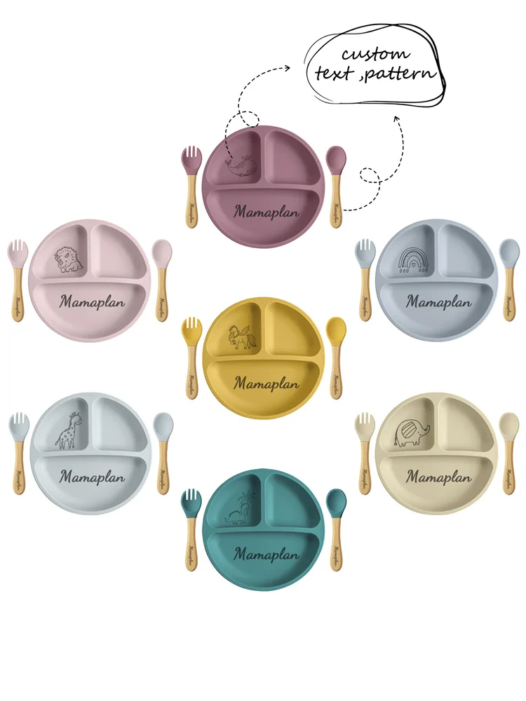 Assiettes à ventouse personnalisées en Silicone pour bébé, 3 pièces, sans BPA, lavables au lave-vaisselle, ensemble d'alimentation Durable pour tout-petits, vaisselle 12M + articles pour bébé