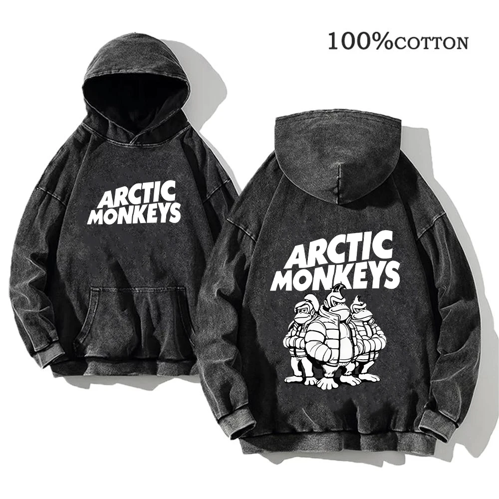 Retro Rock Printed Hoodies Arctic Monkeys Music Album Graphic Pullover Men\'s Vintage Washed Oversized Hoodies Hip Hop Streetwear