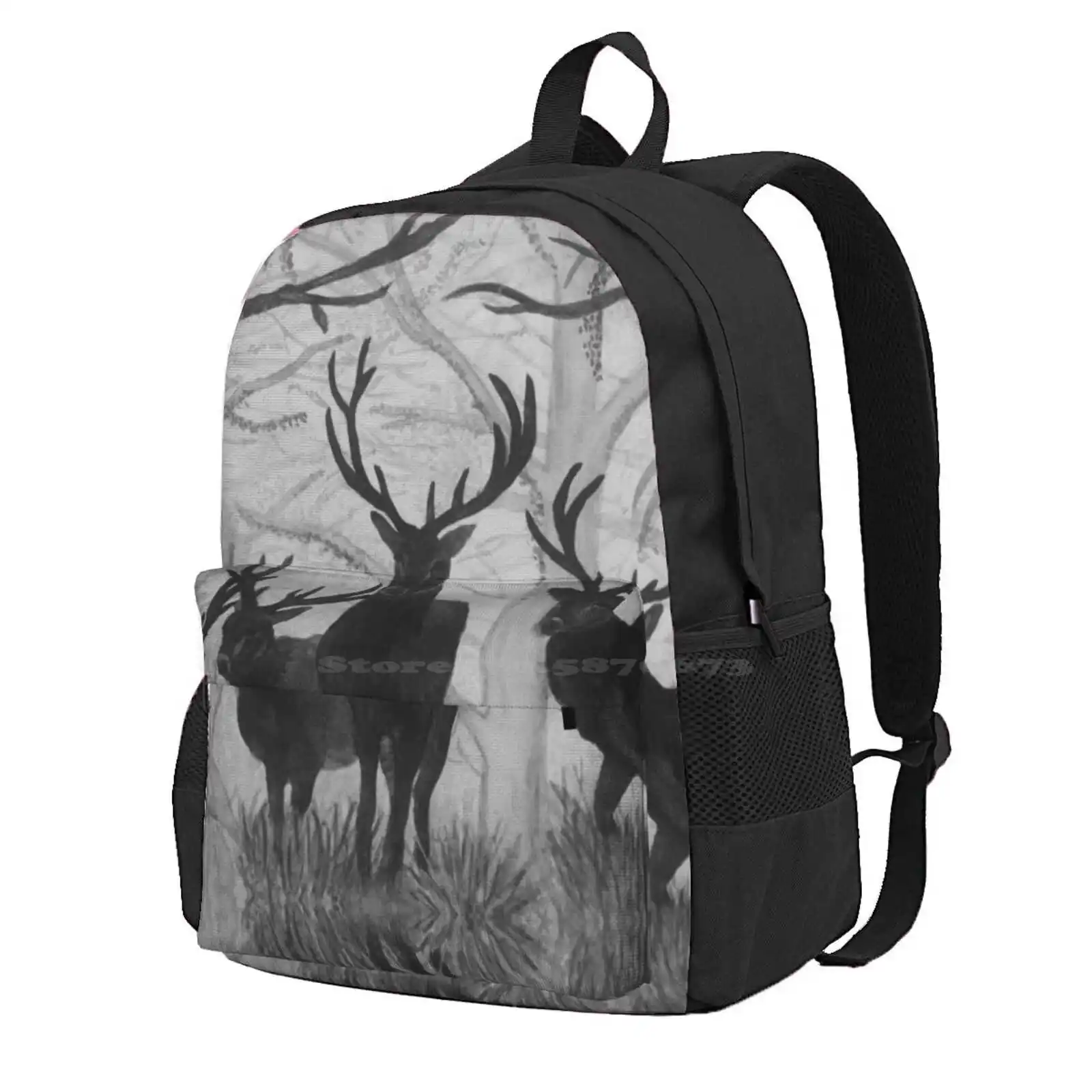 

Deer Hot Sale Schoolbag Backpack Fashion Bags Deer Animals Winter Buck Doe Trees Woods Watercolor Black White Grey Hunting