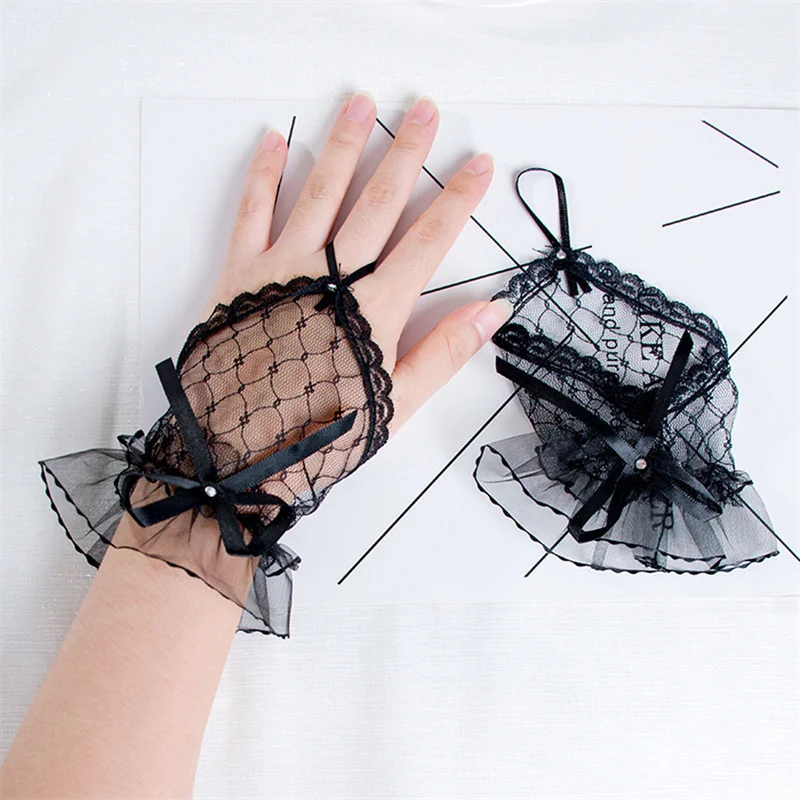Gothic Short Black Gloves Female Harajuku Lace Bridal Wedding Halloween Costume Mesh Bow Hand Sleeves