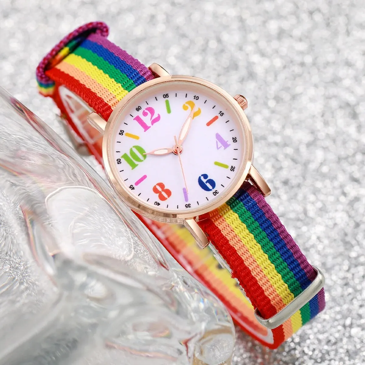 2pcs Set Fashion Rainbow Color Ultra-thin Canvas Strap Classic Men\'s Watches Colorful Bracelet Set