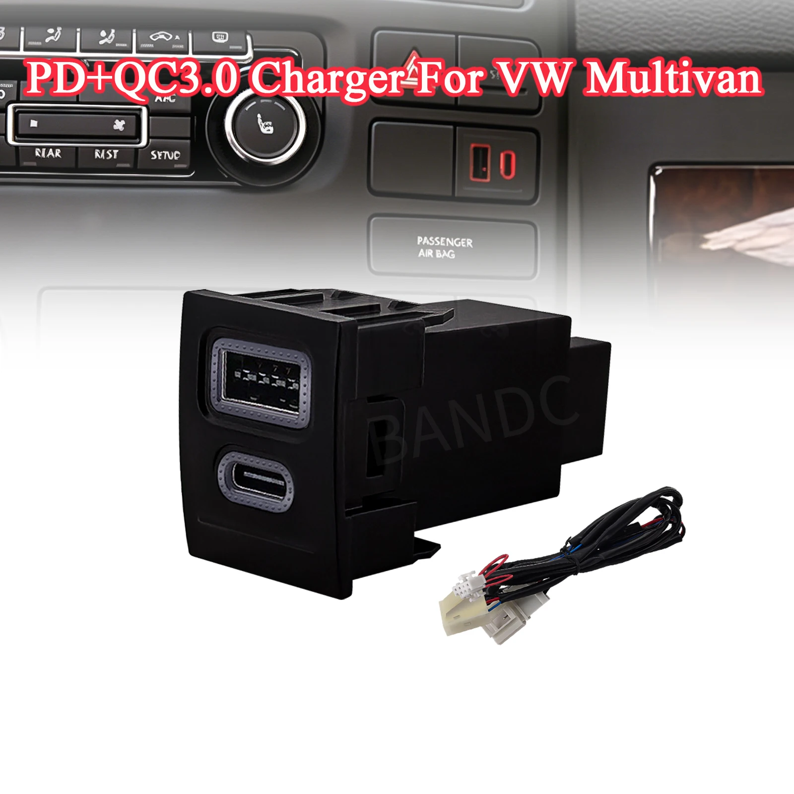 Car USB Charger Socket PD+QC3.0 Phone Quick Charging Adapter Dual Ports with Red LED For Volkswagen Multivan T5 2003-2009