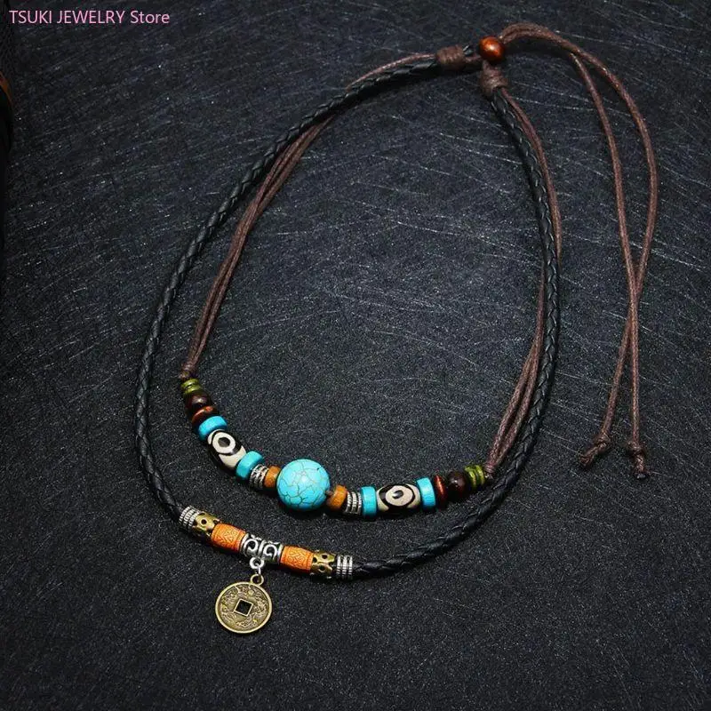 Vintage-Halskette mit Münzanhänger, schlicht, Boho-Stil, mehrlagig, türkisfarbene Perlenkette, Schmuck, Urlaub für Frauen, Ehefrau, Damen und Mädchen – Detail 3