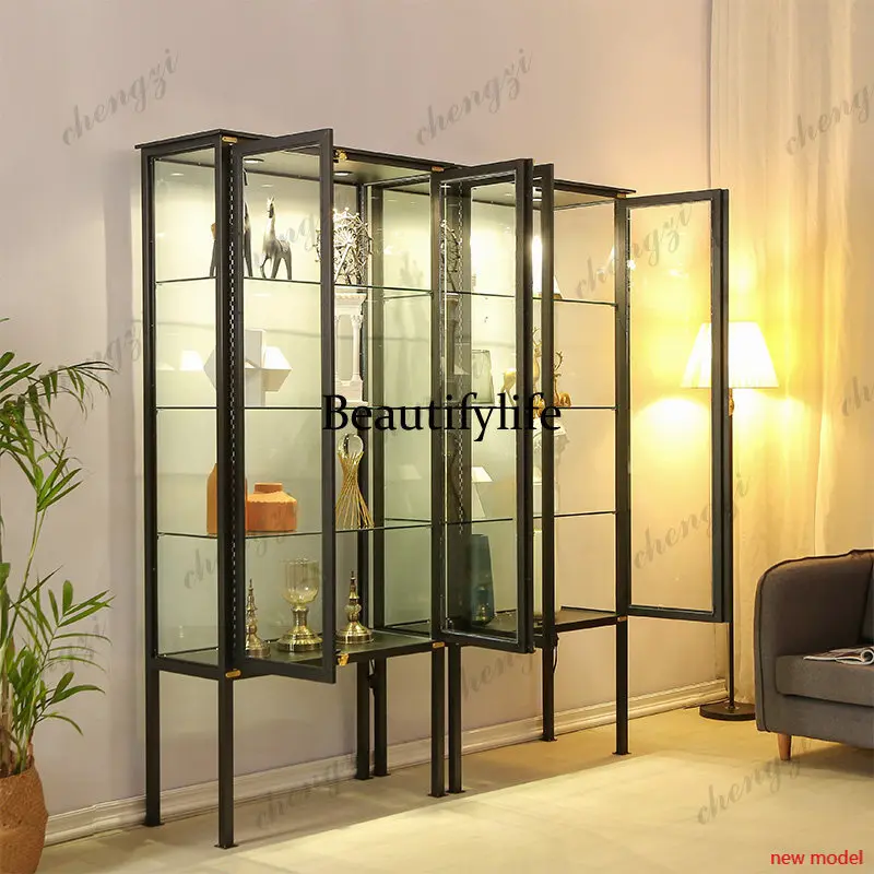 Asmt114Retro wrought iron glass display, high-footed display cabinet, antique ceramic tea set, display, wine cabinet