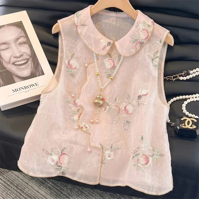 

Women Vest Fashion Spring and Summer Round Collar Sleeveless Loose Waistcoat Embroidery Jacket Joker Women Cardigan Coat Vest