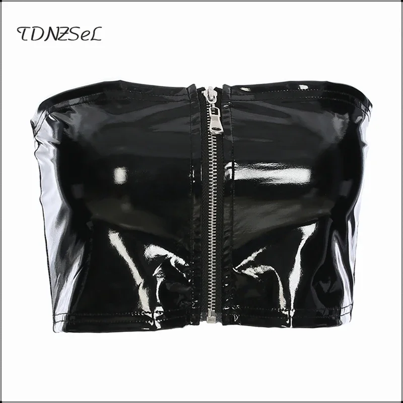 Women PU Leather Tube Bra Crop Tops Black Sexy Strapless Front Zipper Faux Leather Tank Top Nightclub Non-Padded Bra Tube Custom