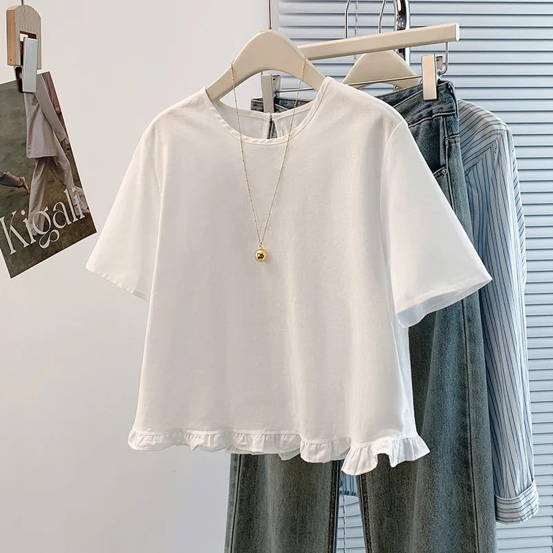 

Korean Style Sweet Ruffle-Hem White Blue Yellow Cotton Linen Shirts Blouses Women Elegant O-neck Solid T-shirt Casual Loose Tops