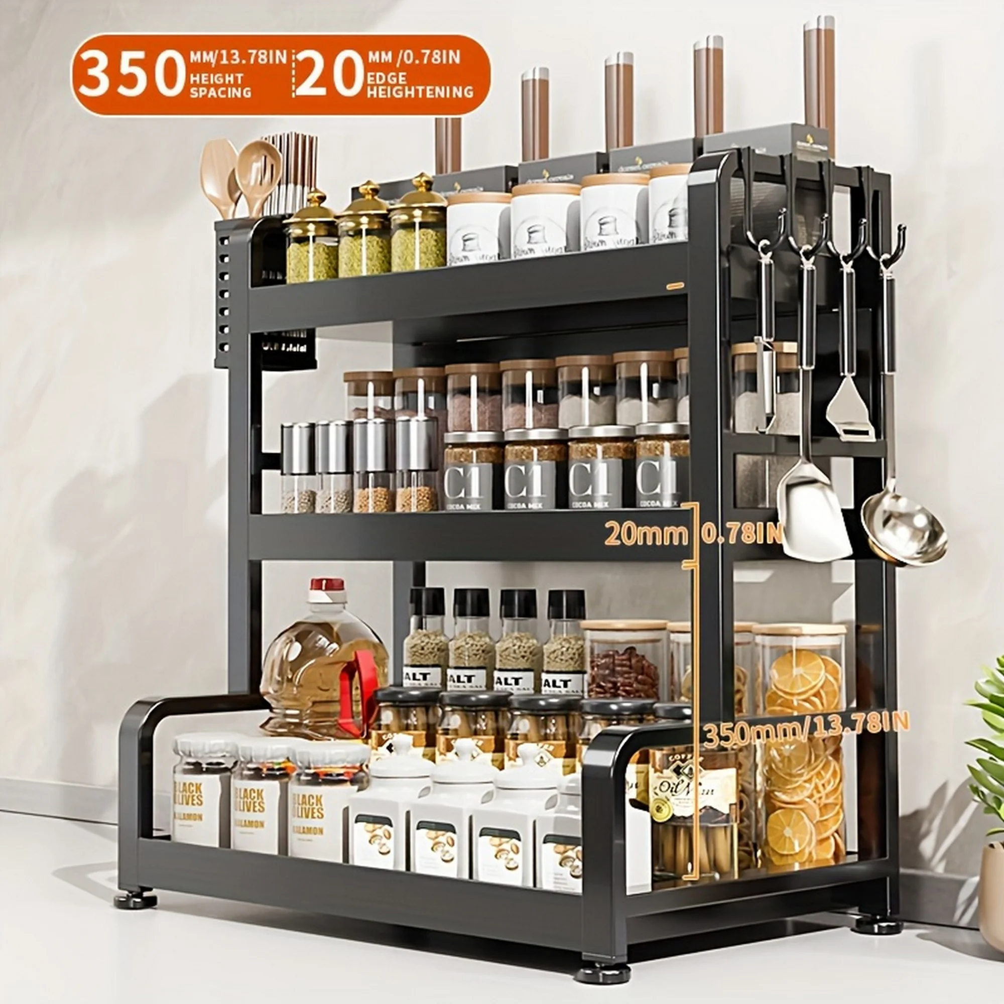 

Elegant Multi-Layer Metal Kitchen Organizer - Countertop Spice Rack, Knife & Utensil Holder, Condiment Basket