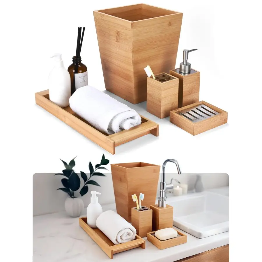 

Bamboo Bathroom Decor Set 5Piece Aesthetic Decorative Accessories for Restroom 7x2.5X.2.5Inch Set Includes Toiletry Box, Toothb