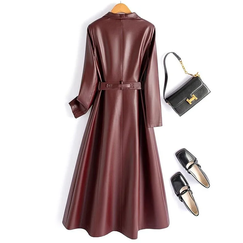 Autumn Winter New High Quality PU Leather Coat Women medium to long Slim Suit Collar Leather Jacket Female's Windbreakers Coat