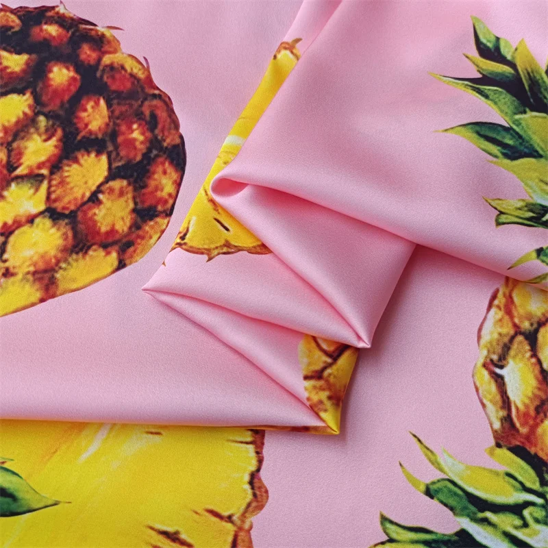 145cm wide Stretch satin pink bottom pineapple pattern digital printing fabric hand DIY sewing dress shirt fashion fabric