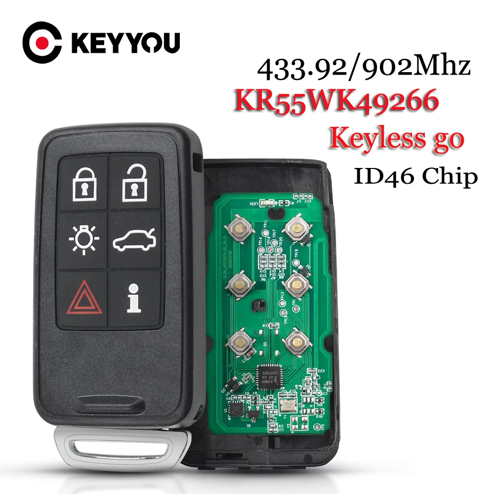 

KEYYOU Remote Car Key 6 Button KR55WK49266 433.92MHZ 902MHz For VOLVO S60 S80 V40 V60 V70 XC60 XC70 2007-2016 Auto Keyless