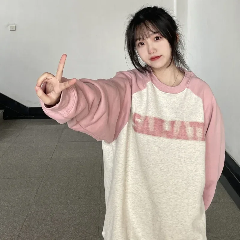 

American Hoodies Women Pink Letter Print Sudadera Mujer Oversize Vintage Preppy Style Y2k O Neck Sweatshirts Contrast Color