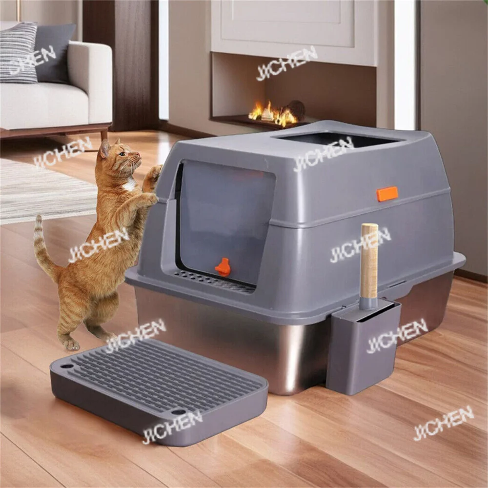 XXL الفولاذ المقاوم للصدأ صندوق نفايات القط المغلقة جرو القط علبة نفايات مع غطاء كبير مقلاة نفايات عالية الجدار الجانب سهلة التنظيف المرحاض