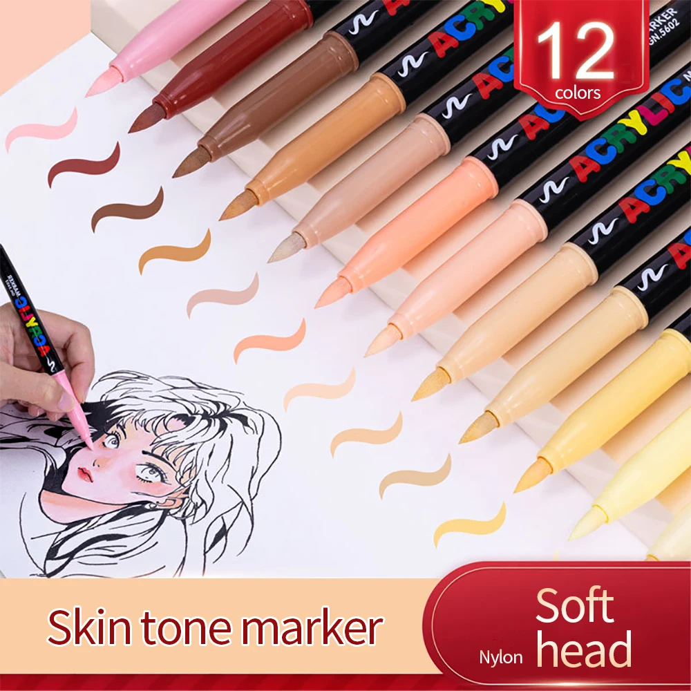 Waterproof Pen 12 Colors Skin Tone Markers Pens Nylon Soft Head Acrylic Markers School Soft Brush Nib Skin Color Figure Painting