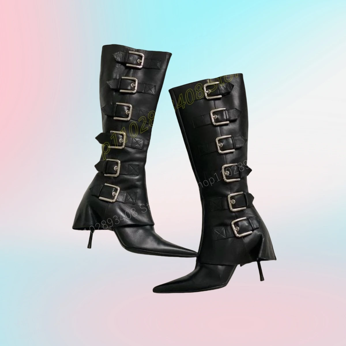 

Black Super Pointed Toe Mid calf Boots Buckle Belts Strap Stiletto High Heel Fashion Sexy Women Shoes 2024 Zapatos Para Mujere