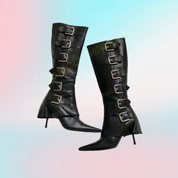 Czarny Super Pointed Toe Mid Calf Boots Buckle Belts Strap Stiletto High Heel Fashion Sexy Women Shoes 2024 Zapatos Para Mujere