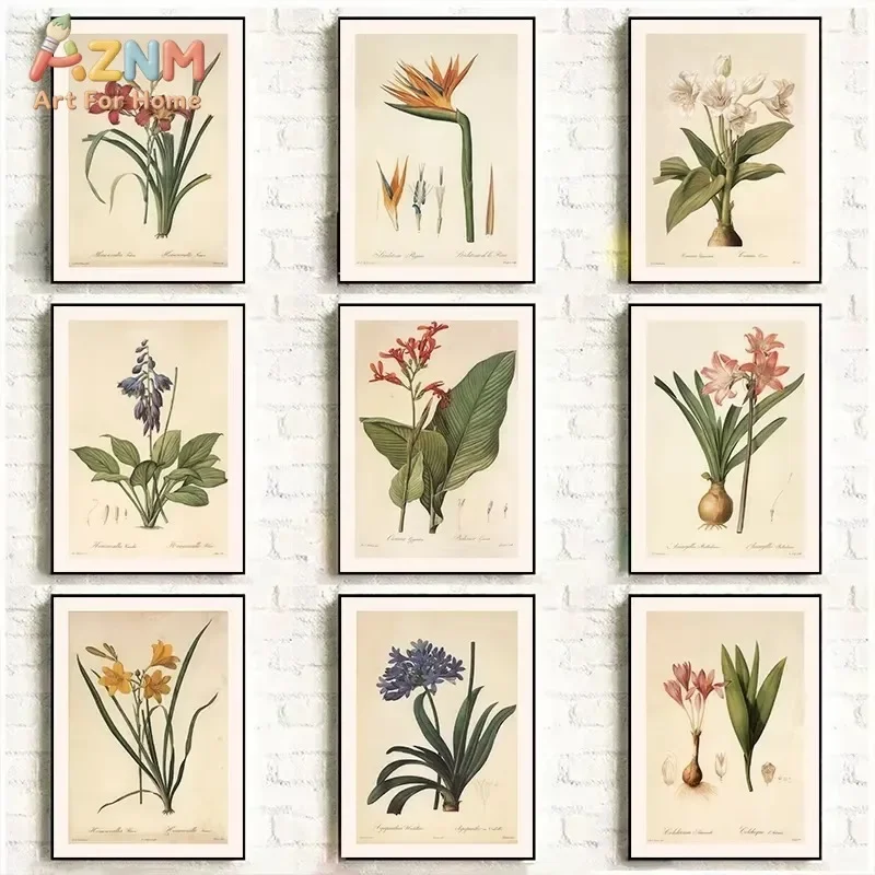 Vintage Botanical Flower Canvas Wall Art Antique Plant Science Illustration Print Unframed Canvas Painting Living Room Home Deco