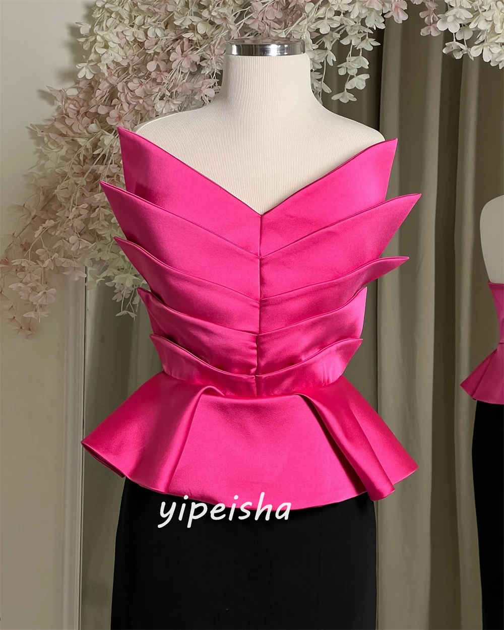 Customized  Sexy Casual   Satin Pleat Cocktail Party A-line Strapless Bespoke Occasion Gown Midi Dresses