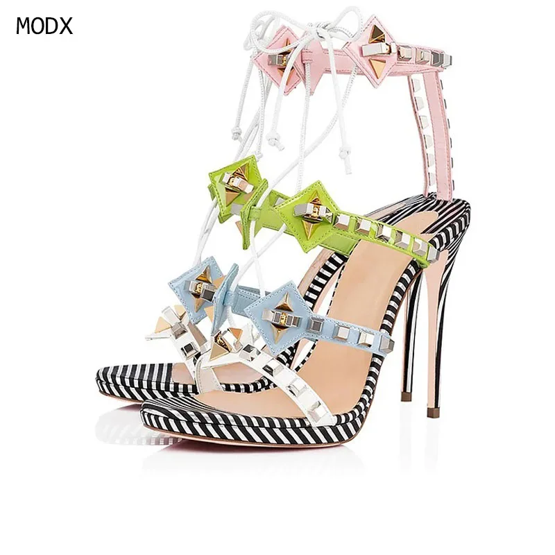 Women Colorful Gradient Rivet Heels Open Toe Stiletto Heel Sandals Black White Striped Sole Lace Up Ankle Strap High Heels 44