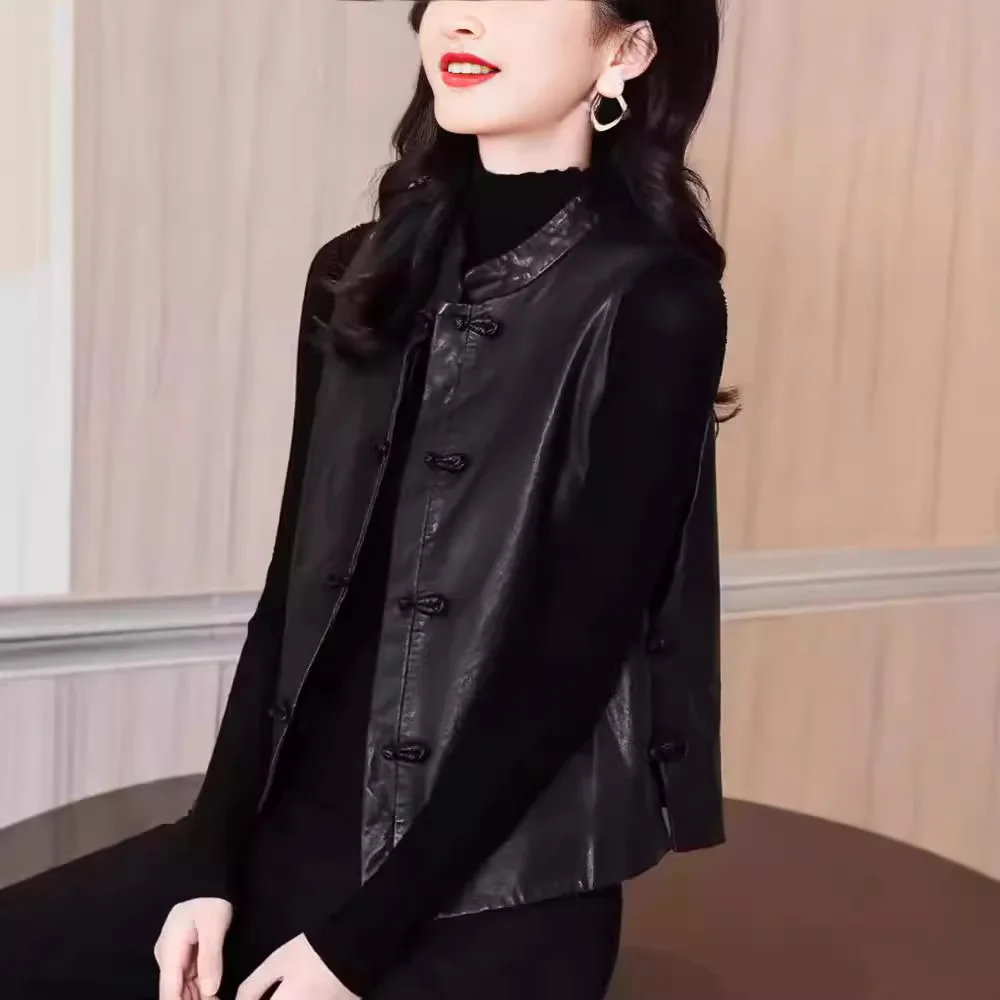 

New Guo Feng Women's Vest Genuine Leather Sheepskin Retro Inner Waistcoat Stand Collar Ladies' Coat