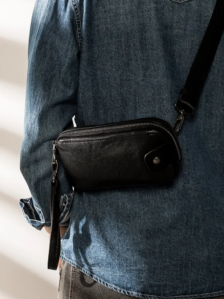 Leather breast bag Mini crossbody first layer cowhide shoulder bag Multifunctional mobile phone bag