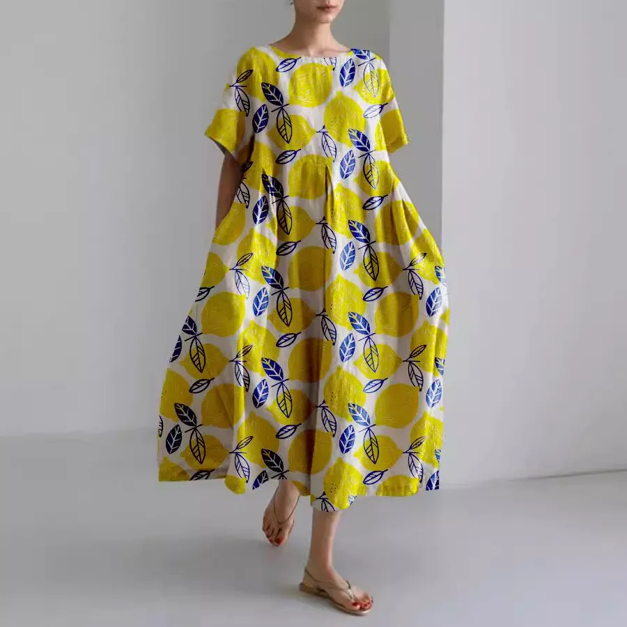 

2026 Women's Clothing Summer Short-Sleeve Digital Print Round Neck Long Dress