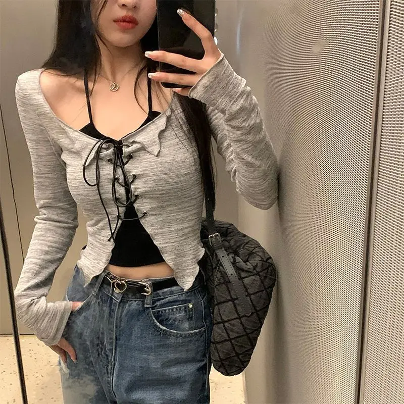 

Slim Tops Y2k Clothes Two Pieces Sets T-shirt Women Summer Long Sleeve Tees Lace Up Crop Top Korean Fashion Preppy Style