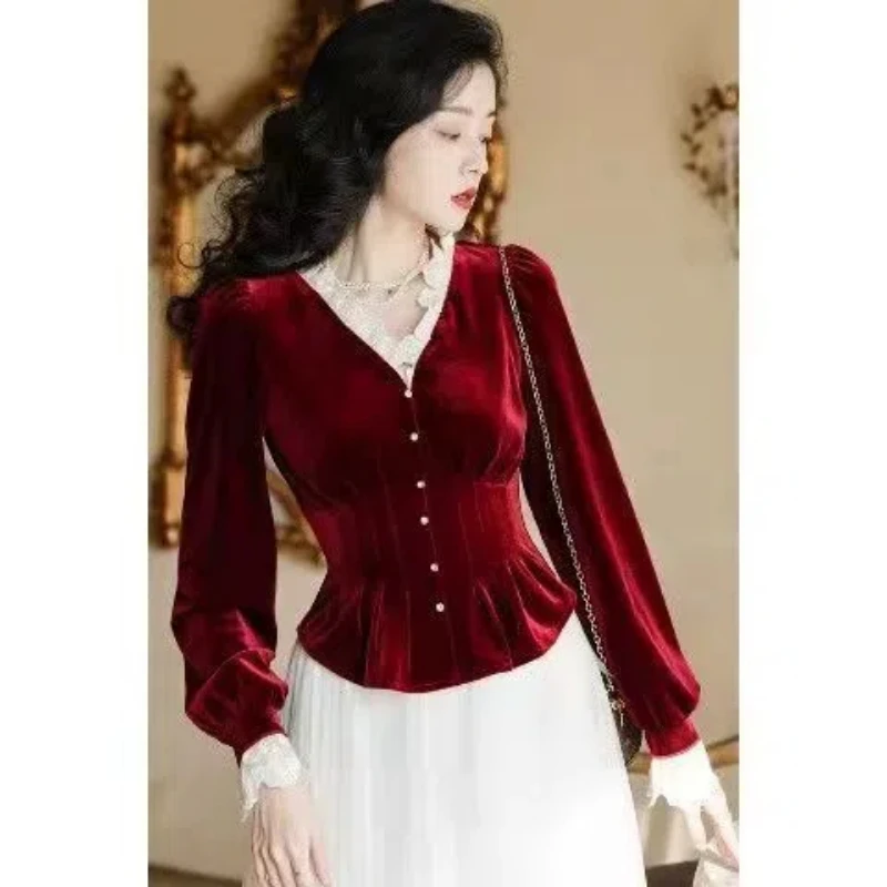 Spring Autumn New Fashion V-neck Long Sleeve Lace Pullovers Women\'s Clothing Pleated Sweet Slim All-match Popularity Chic Tops