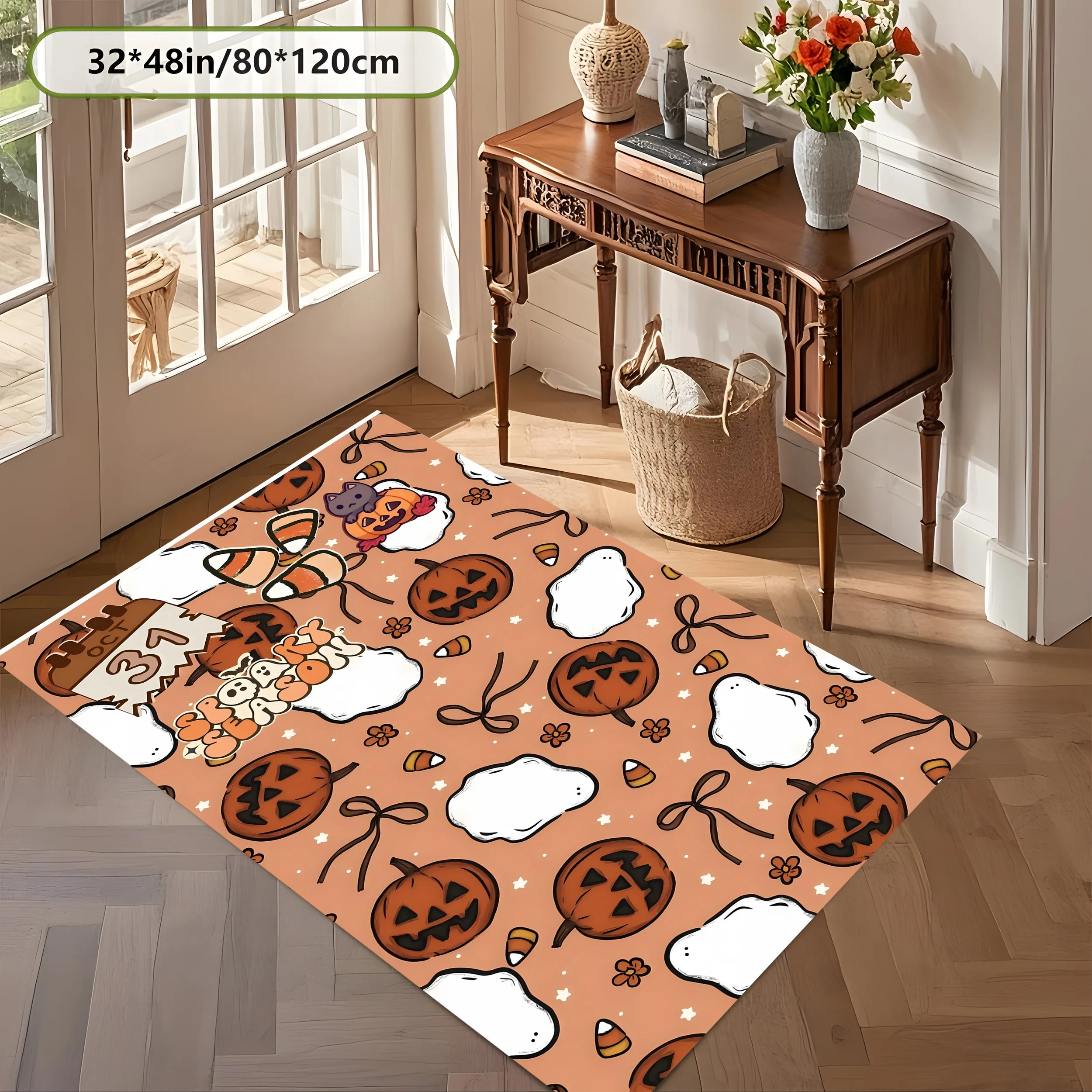 Large Area Rug Cartoon Halloween Pumpkin Ghost Print Soft Velvet Comfortable Living Room Bedroom Home Decor Area Rug
