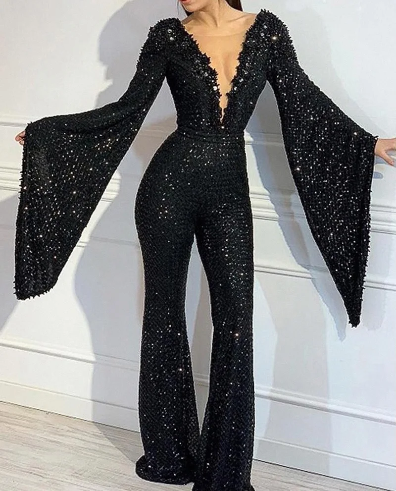 New Women Jumpsuit Sequin Elegant Casual Women\'s V-neck Bat-sleeved Top Black Solid Straight Fashion Long Jumpsuits