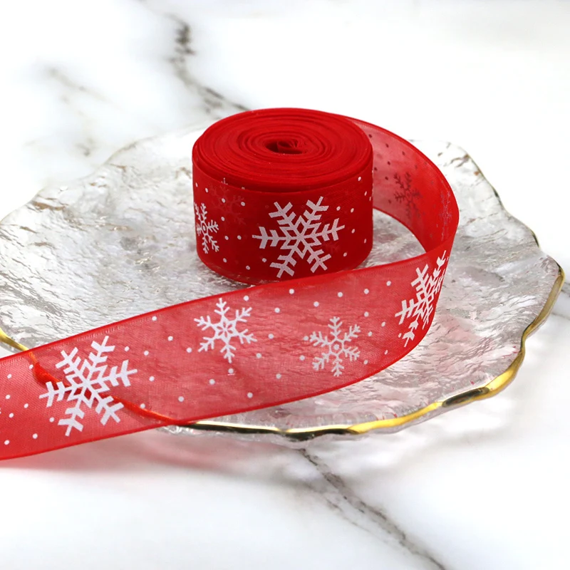 (10 Meters/roll) 25mm Red Organza Christmas Snowflake Ribbon Handmade Gift Packaging DIY Holiday Party Decoration Lace