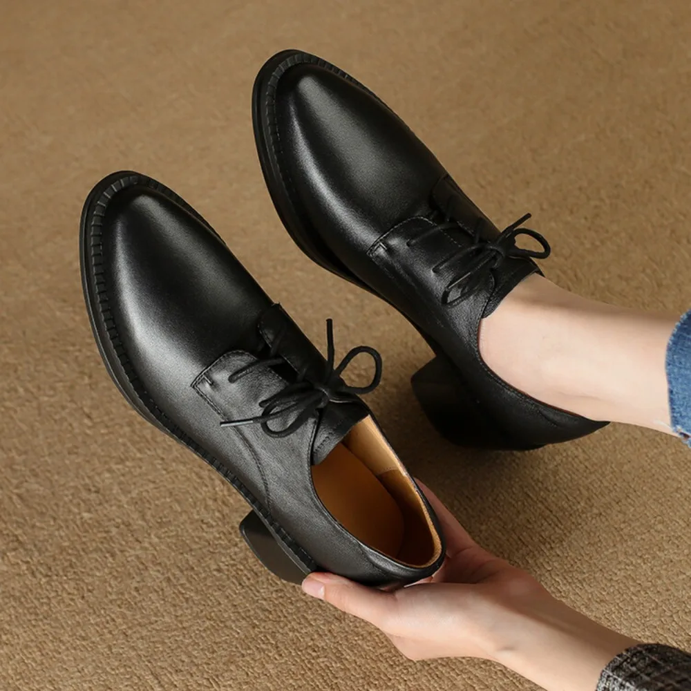 Women's Pumps Brogue Shoe Vintage Chunky Heel Pointed Toe Oxford Shoes Woman Lace Up Female Fashion Elegant Ladies Bare Boots image 5