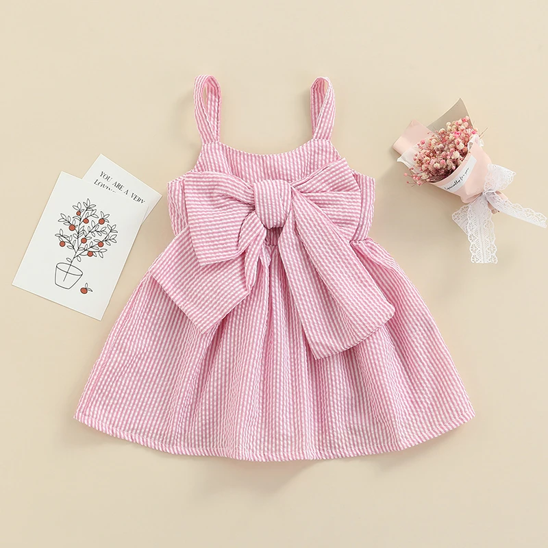 New Baby Girls Sleeveless Dress Front Bowknot Stripe Sling Summer Romper Princess Casual Jumpsuit 3 Months-3 Years