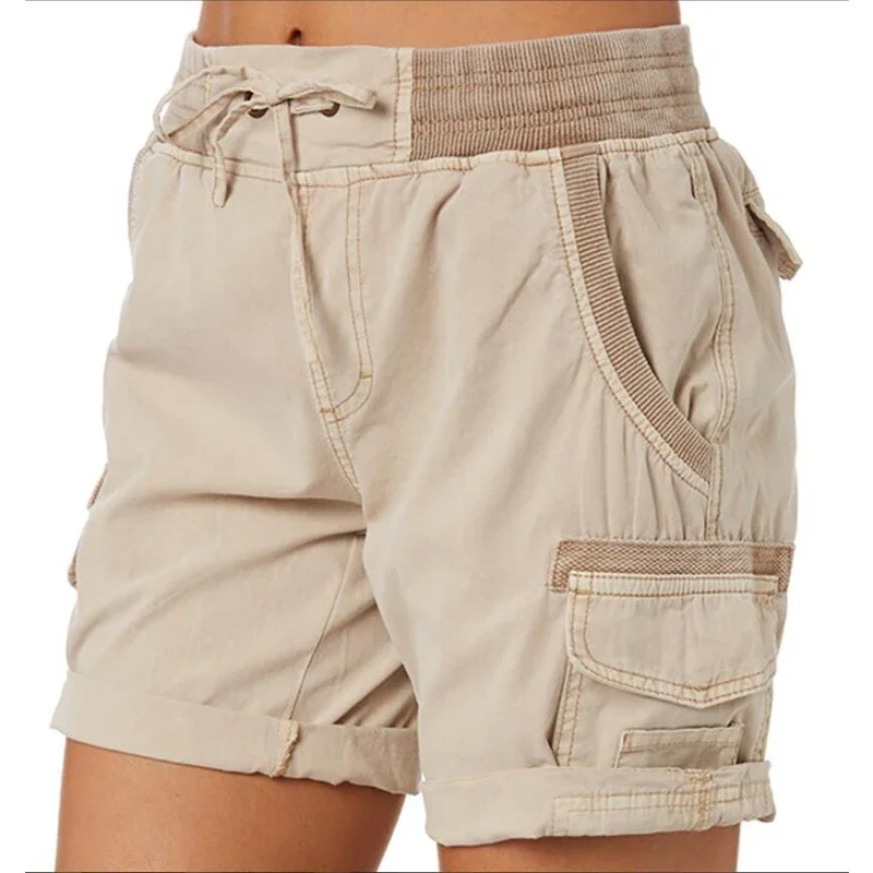 Women Shorts Cargo Pants Shorts Elastic Waist Short Pants Cotton Linen Pocket Summer Beach Solid Color Sliming Comfot Breathable