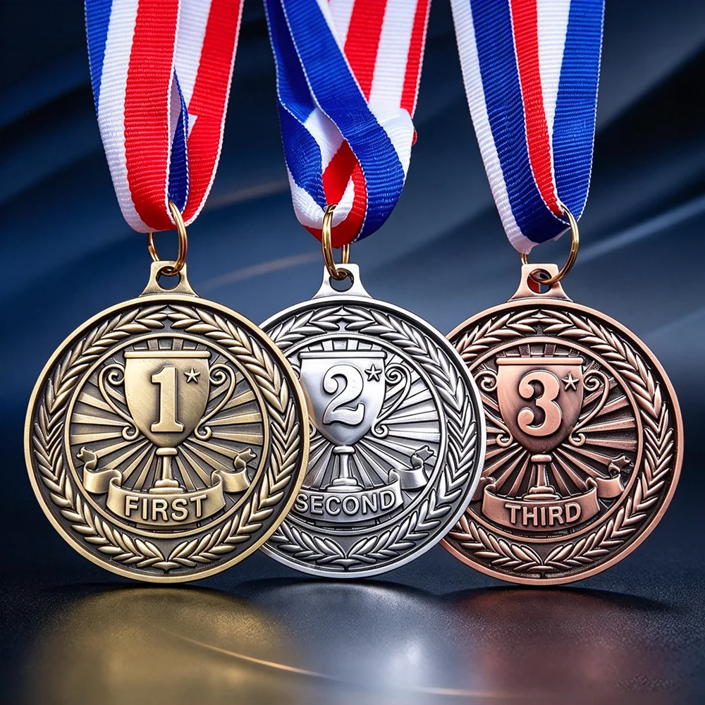 Vintage 1st 2nd 3rd Place Award Medals Gold Silver Bronze Metal Medal with Ribbon Sports Competition Prize Souvenir Medallion