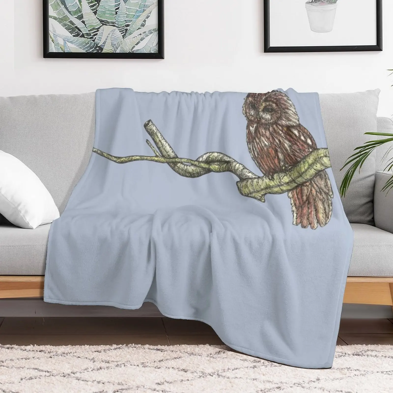 Tawny Owl on a Branch Throw Blanket Stuffeds Beach Camping Vintage Blankets