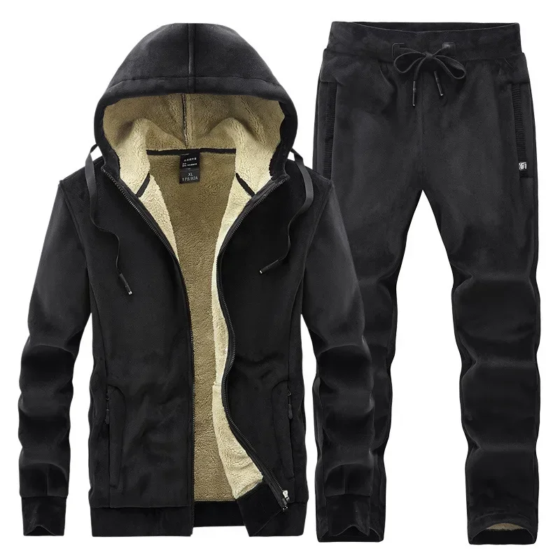 

Gym Hoodies Winter Velour Jacket+Pants Sports Male Oversize Set Men's Keep Warm Windproof Sport Suits Mens Lamb Jogger Suit