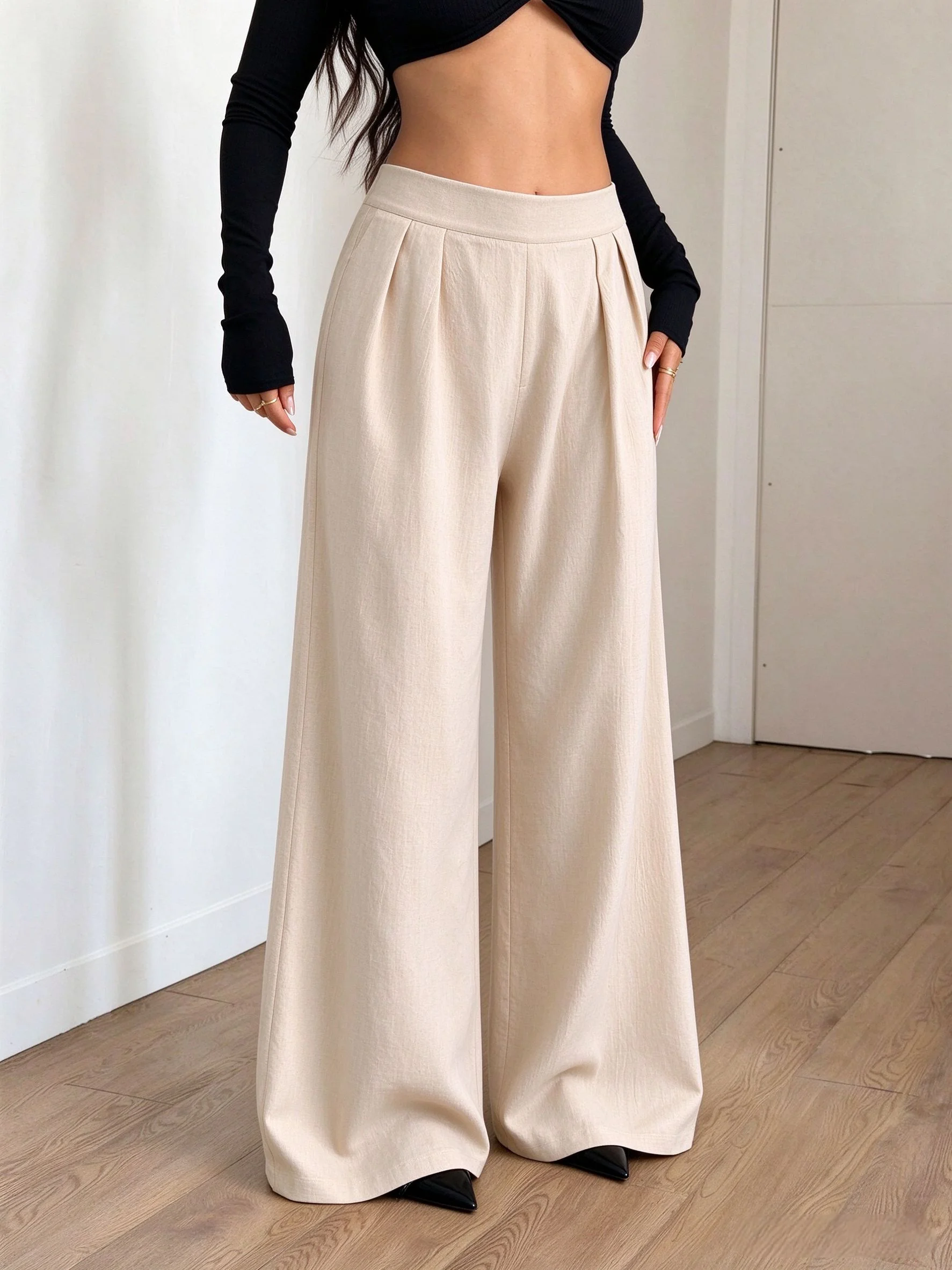 Damen High-Waist Plissierte Weite Hose mit Crinkle-Textur, Lose Palazzo-Hose mit Hochelastischem Bund, Lässige Urlaubs- und Strandhose – Detail 1
