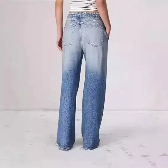 KIDCRKJ 2026 Spring summer women Jeans Wide Leg Pants Denim Floor Length Mid Waist Distressed Pockets Vintage Straight Trousers