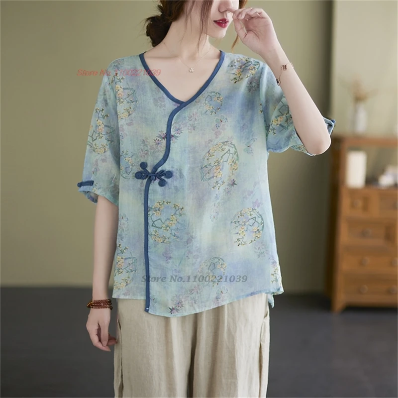 

2024 traditional chinese vintage blouse national flower print o-neck folk blouse oriental retro hanfu tops tea service blouse