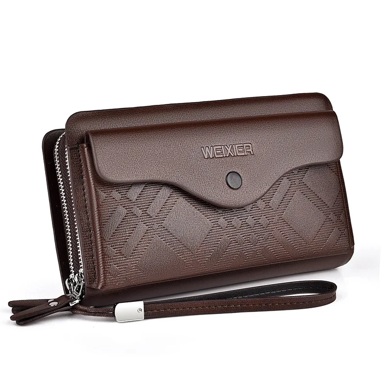 WEIXIER Men Clutch Bag Black PU Leather Double Zipper Wallet Wristlet Handbag Business Casual Phone Purse For Male