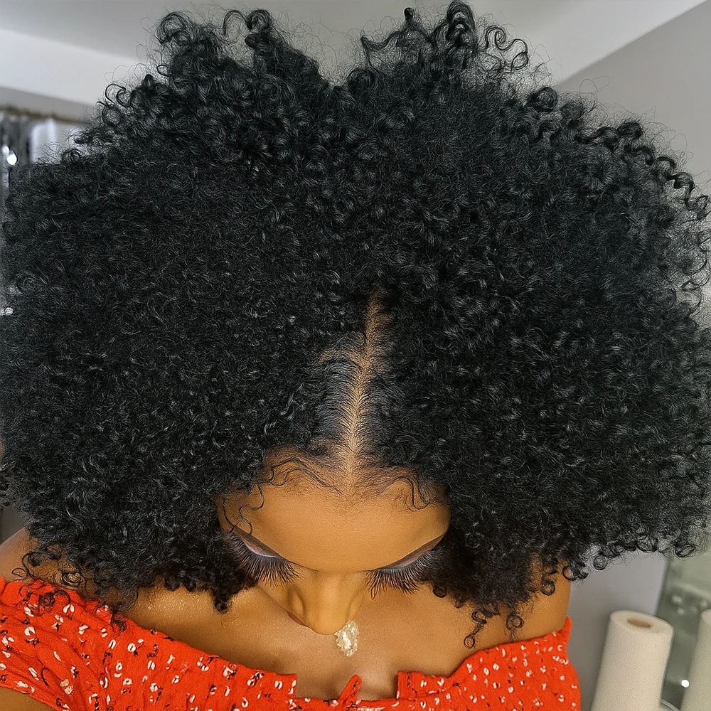 簡単装着 機械製 アフロ キンキーカール Vパートウィッグ 100%人毛 ノーリーブアウト アップグレード済み すぐに着用できるショートピクシーカットウィッグ